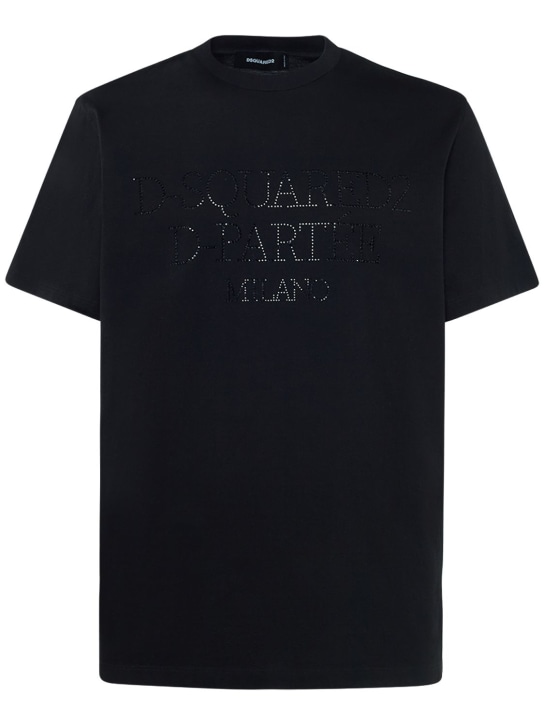 Dsquared2: T-shirt in jersey di cotone con cristalli - Nero - men_0 | Luisa Via Roma