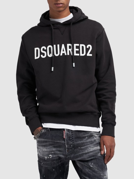 Dsquared2: Logo cotton jersey hoodie - Black - men_1 | Luisa Via Roma