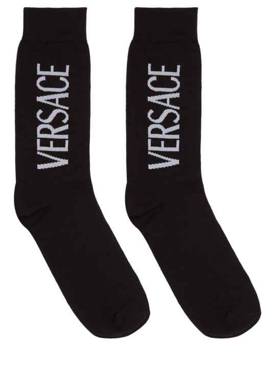 Versace: Logo cotton blend socks - Siyah/Beyaz - men_0 | Luisa Via Roma