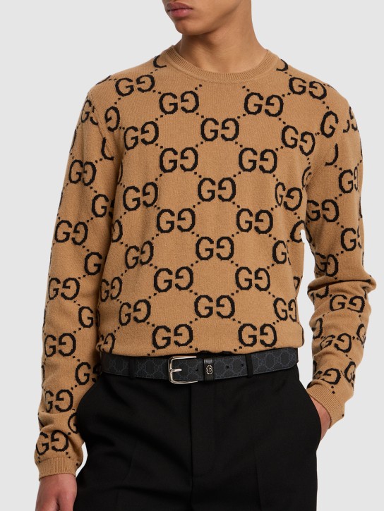 Gucci: 3.5cm GG supreme cotton blend belt - Siyah - men_1 | Luisa Via Roma