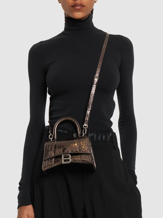 Balenciaga: XS Hourglass leather top handle bag - Dark Bronze - women_1 | Luisa Via Roma