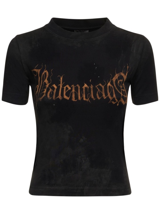 Balenciaga: 핏티드 로고 프린트 코튼 티셔츠 - 연한 블랙 - women_0 | Luisa Via Roma