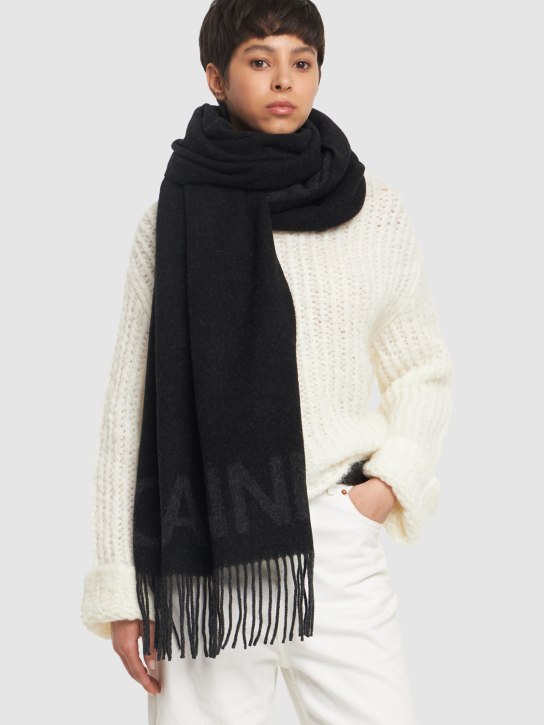 GANNI: Écharpe en laine à franges - Noir - women_1 | Luisa Via Roma