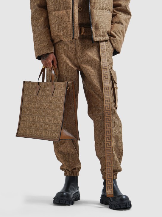 Versace: Large fabric & leather tote bag - Beige/Brown - men_1 | Luisa Via Roma