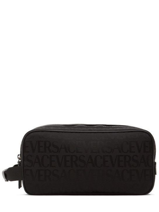 Versace: 로고 자카드 나일론 토일레트리 백 - 블랙 - men_0 | Luisa Via Roma