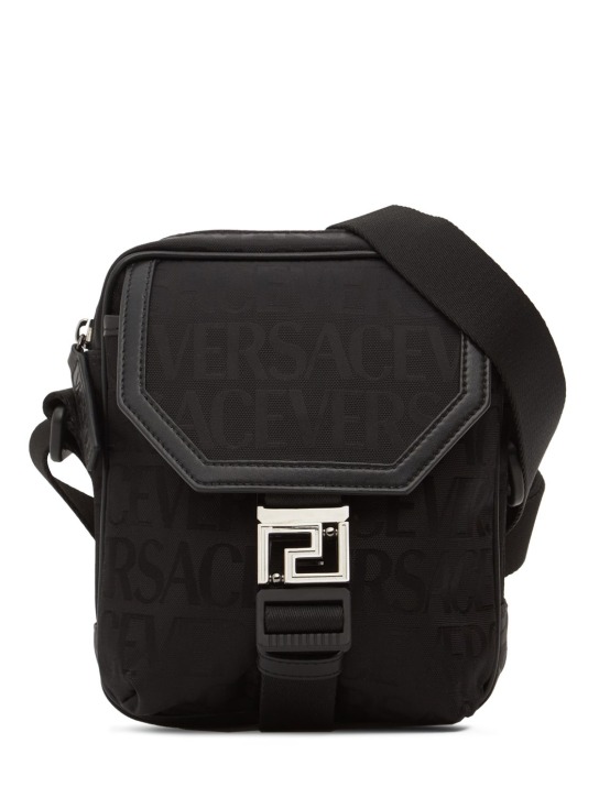 Versace: Logo提花尼龙公文包 - 黑色 - men_0 | Luisa Via Roma