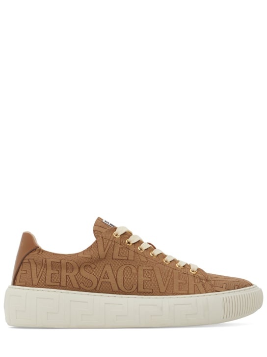 Versace: Fabric & leather sneakers - Beige/Brown - men_0 | Luisa Via Roma