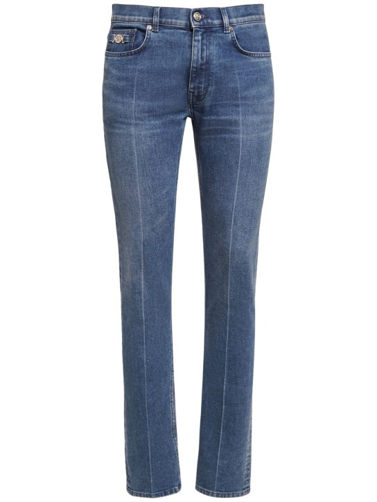 Versace: Stonewashed cotton denim jeans - Mavi - men_0 | Luisa Via Roma