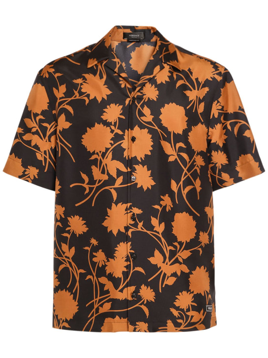 Versace: Flower print silk short sleeve shirt - Siyah/Karamel - men_0 | Luisa Via Roma