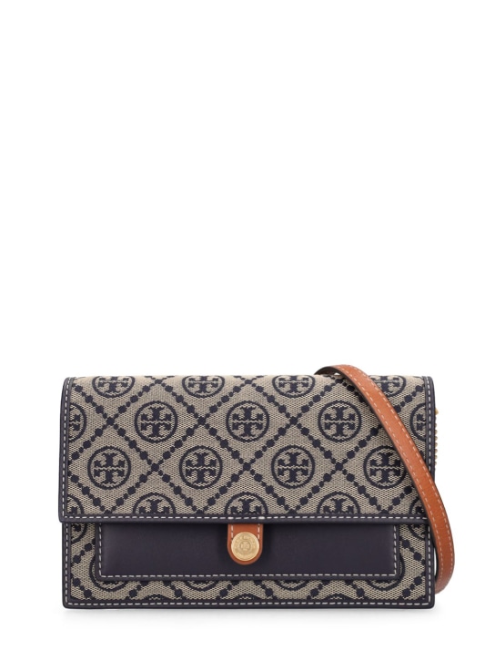 Tory Burch: Brieftasche aus Baumwolle mit T-Monogramm - Dunkelblau - women_0 | Luisa Via Roma