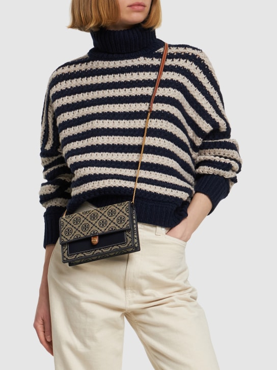 Tory Burch: Brieftasche aus Baumwolle mit T-Monogramm - Dunkelblau - women_1 | Luisa Via Roma