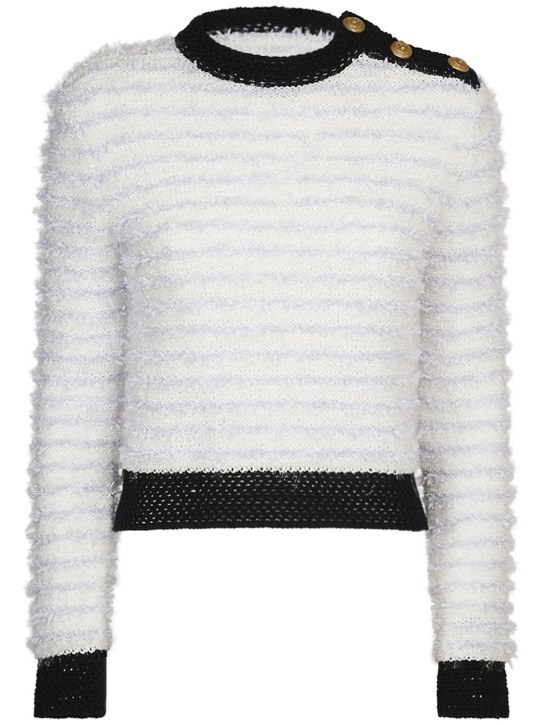 Balmain: Cropped tweed sweater - White/Black - women_0 | Luisa Via Roma