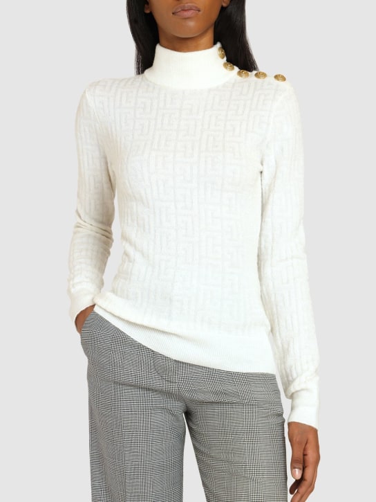 Balmain: Monogram mohair blend knit sweater - White - women_1 | Luisa Via Roma