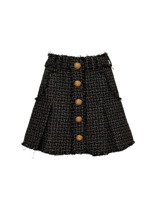 Balmain: Minifalda de tweed con lúrex - Negro/Dorado - women_0 | Luisa Via Roma