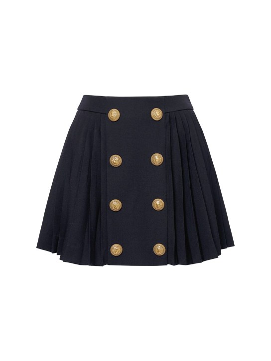 Balmain: Minifalda plisada de lana crepé - Azul Marino - women_0 | Luisa Via Roma