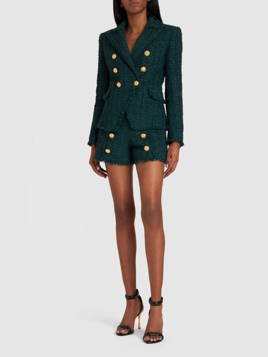 Balmain: Tweed high rise mini shorts - Dark Green - women_1 | Luisa Via Roma