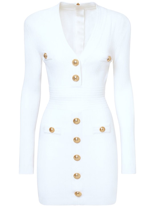 Balmain: Long sleeved viscose knit mini dress - White - women_0 | Luisa Via Roma