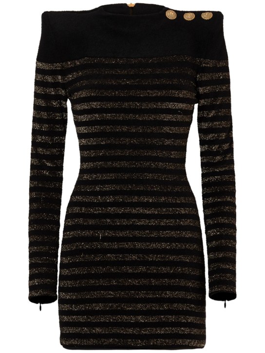 Balmain: Striped lurex knit mini dress - Black/Gold - women_0 | Luisa Via Roma