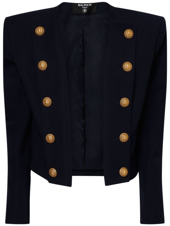 Balmain: Spencer collarless wool blazer - Navy - women_0 | Luisa Via Roma