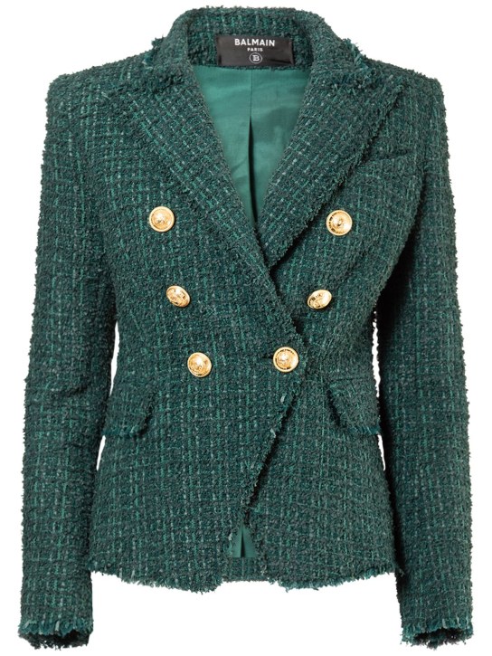Balmain: Double breasted tweed jacket - Green - women_0 | Luisa Via Roma