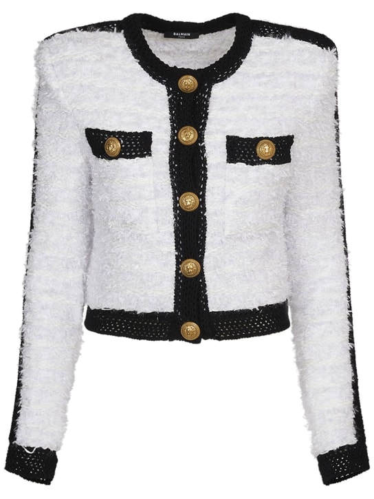 Balmain: Tweed knit cropped jacket - White/Black - women_0 | Luisa Via Roma