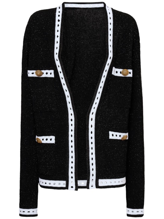 Balmain: Cardigan en maille de laine mélangée - Noir/Blanc - women_0 | Luisa Via Roma