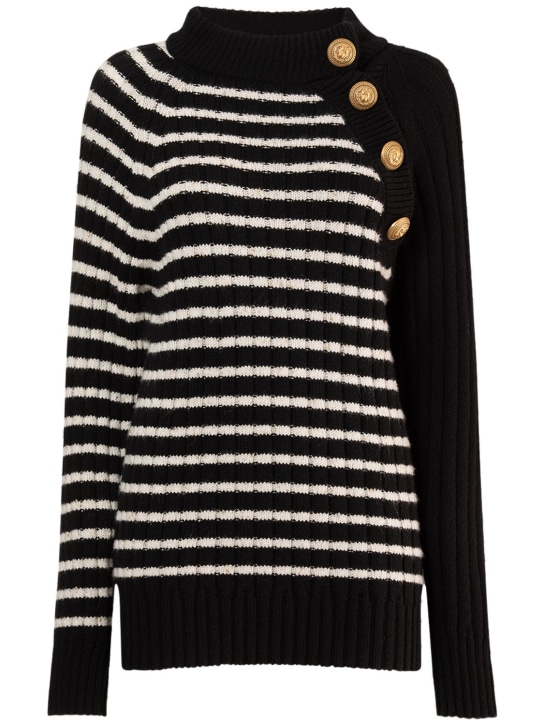 Balmain: Striped cashmere & lurex sweater - Black/White - women_0 | Luisa Via Roma