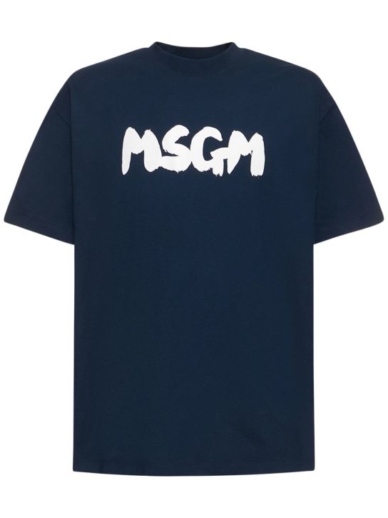 MSGM: T-shirt en jersey de coton à imprimé logo - Bleu Marine/Blanc - men_0 | Luisa Via Roma