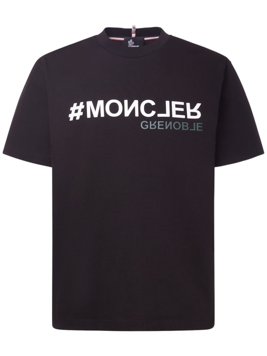 Moncler Grenoble: Embossed logo heavy jersey t-shirt - Black - men_0 | Luisa Via Roma