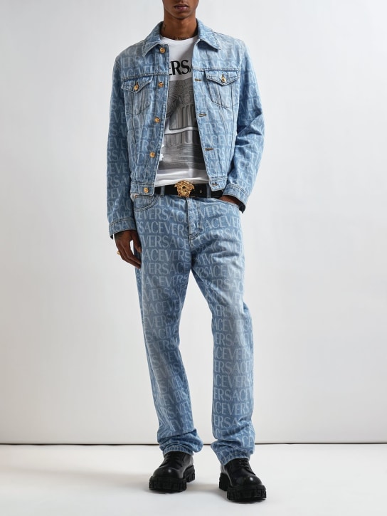 Versace: Monogram cotton denim jacket - Açık Mavi - men_1 | Luisa Via Roma