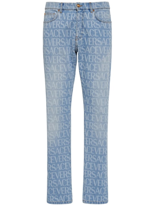 Versace: Monogram cotton denim jeans - Light Blue - men_0 | Luisa Via Roma