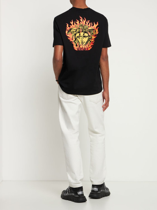 Versace: Logo棉质平纹针织T恤 - 黑色 - men_1 | Luisa Via Roma