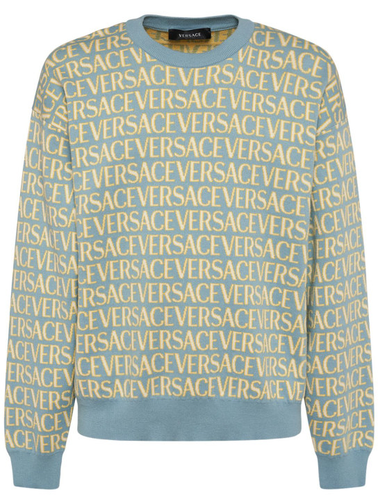 Versace: Pull-over en coton à monogramme - Bleu Clair - men_0 | Luisa Via Roma