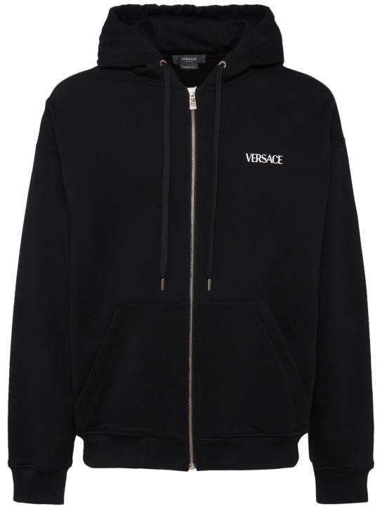 Versace: Logo printed cotton zip hoodie - Siyah - men_0 | Luisa Via Roma