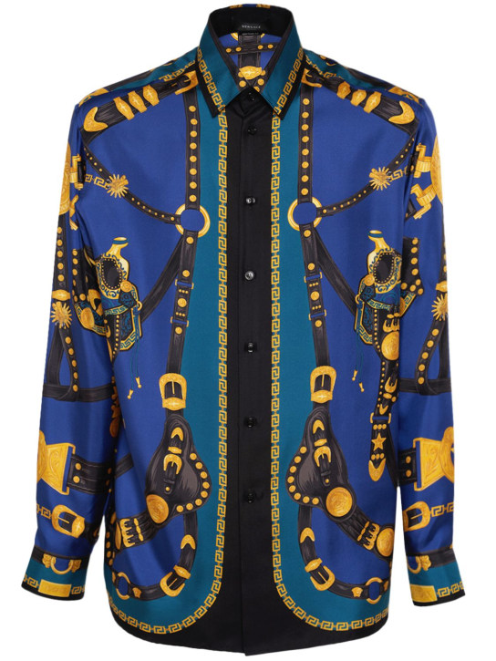 Versace: Bedruckte Bluse aus Seidentwill - Dunkelblau - men_0 | Luisa Via Roma