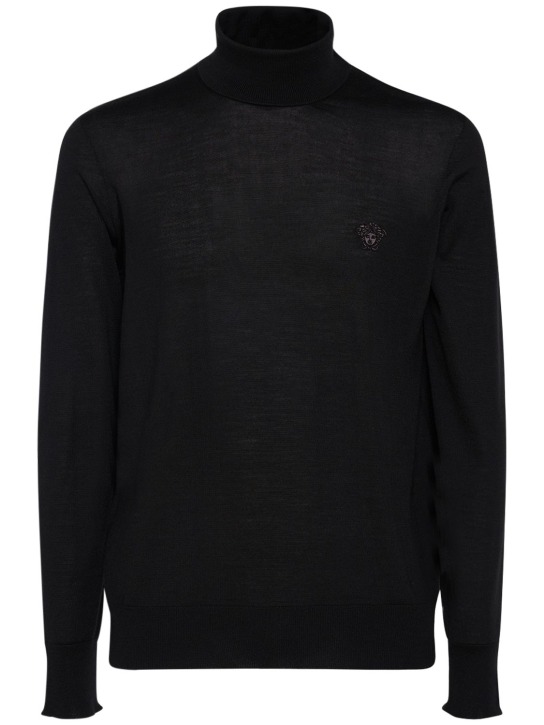 Versace: Logo wool blend knit turtleneck sweater - Black - men_0 | Luisa Via Roma