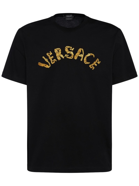 Versace: T-shirt en coton à logo - Noir - men_0 | Luisa Via Roma