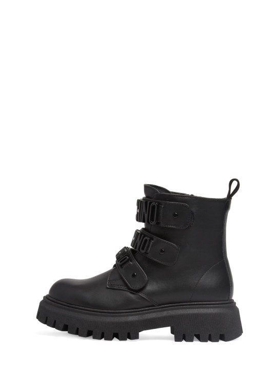 Moschino: Leather combat boots w/logo - Siyah - kids-girls_0 | Luisa Via Roma