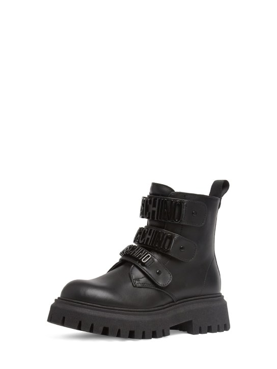 Moschino: Leather combat boots w/logo - Siyah - kids-girls_1 | Luisa Via Roma