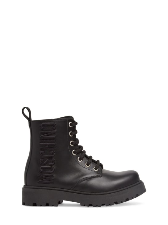 Moschino: Leather combat boots w/logo - Black - kids-boys_0 | Luisa Via Roma