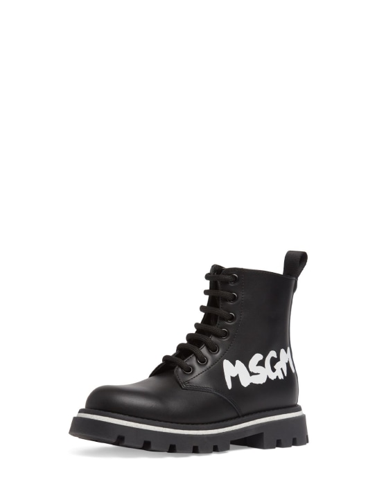 MSGM: Leather combat lace-up boots w/logo - Black - kids-boys_1 | Luisa Via Roma