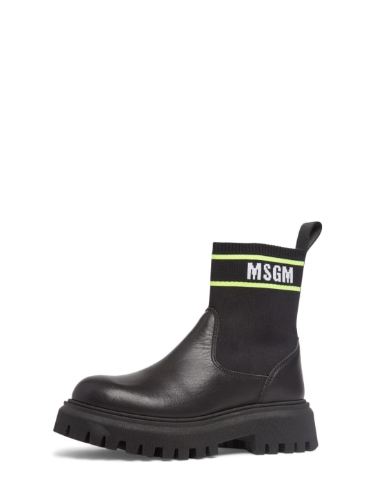 MSGM: Leather & knit pull on boots w/logo - Siyah - kids-girls_1 | Luisa Via Roma