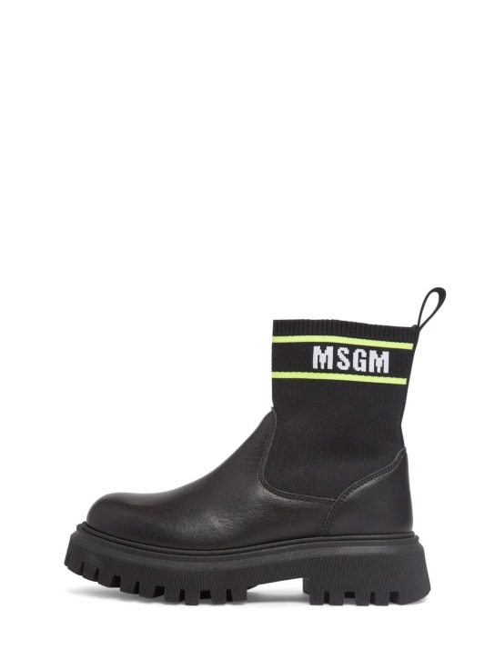 MSGM: Leather & knit pull on boots w/logo - Black - kids-girls_0 | Luisa Via Roma