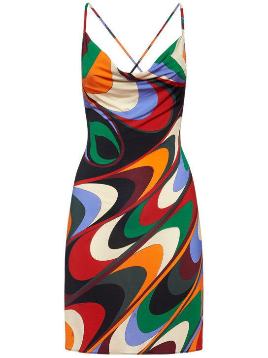 Pucci: 绸缎平纹针织罩式领迷你连衣裙 - 橙色/绿色 - women_0 | Luisa Via Roma