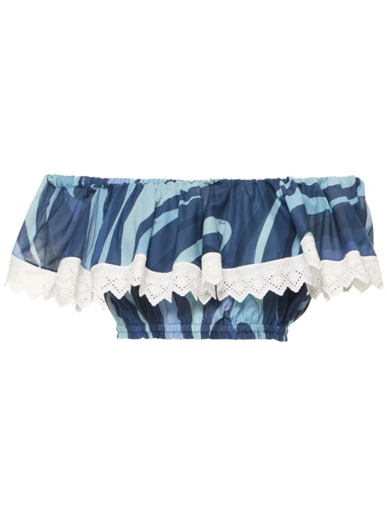 Pucci: Crop top en mousseline de coton imprimé Marmo - Bleu - women_0 | Luisa Via Roma