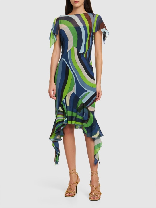 Pucci: Iride printed silk chiffon midi dress - Renkli - women_1 | Luisa Via Roma