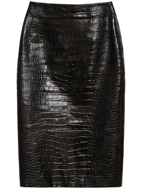 Versace: Crocodile embossed leather midi skirt - Schwarz - women_0 | Luisa Via Roma