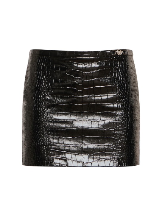 Versace: Crocodile embossed leather mini skirt - Siyah - women_0 | Luisa Via Roma
