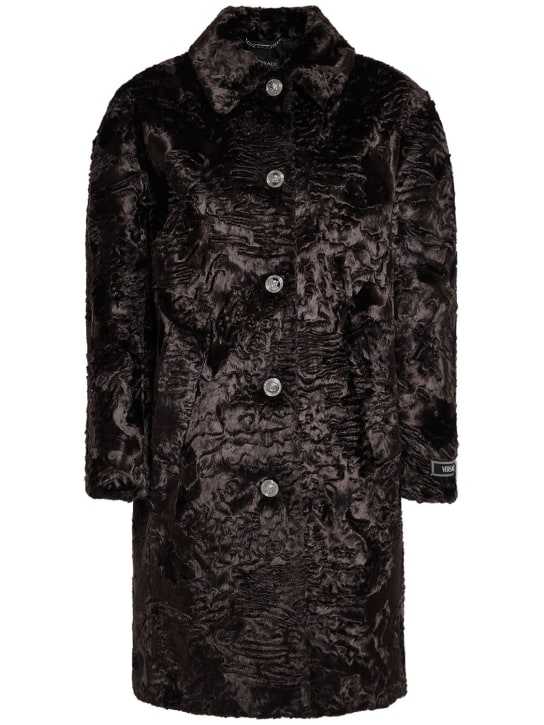 Versace: Astrakan faux fur logo detail coat - Dark Brown - women_0 | Luisa Via Roma