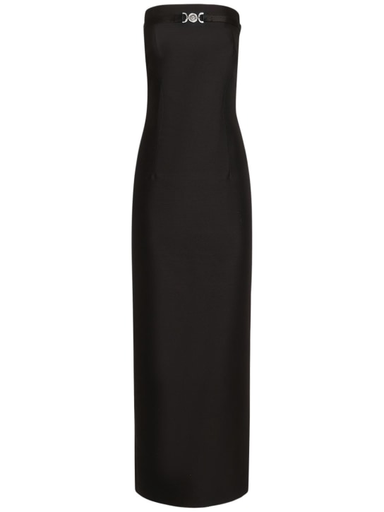 Versace: 로고 울 & 실크 트윌 롱 드레스 - 블랙 - women_0 | Luisa Via Roma